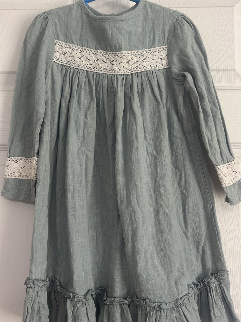 Long Sleeve Sage Green Girls Dress with Lace Trim